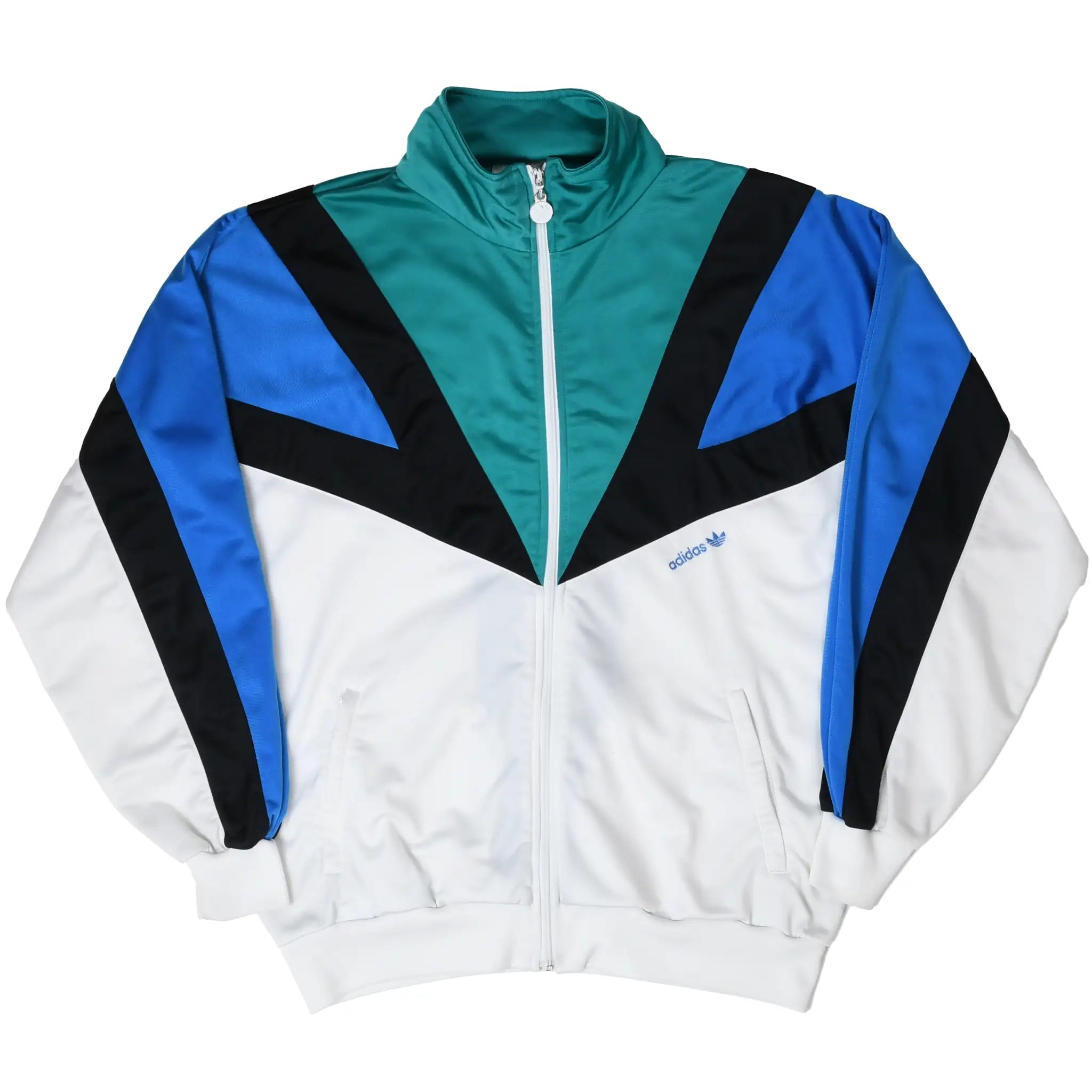 Full front view of Adidas zip-up track jacket in teal, blue, black and white