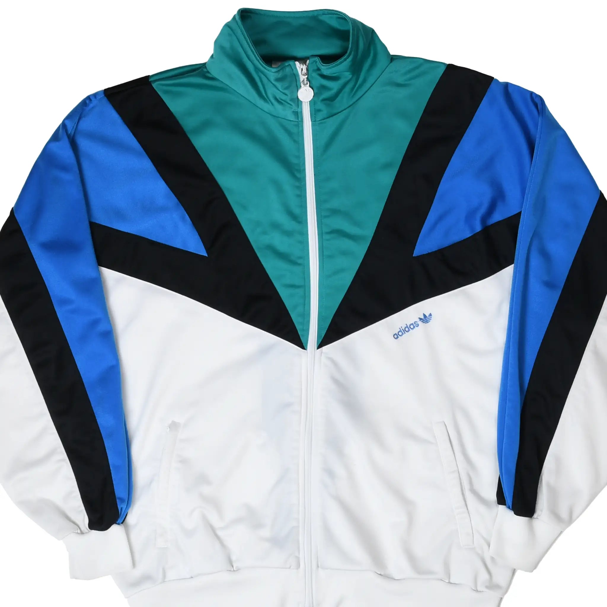 Front of Adidas track jacket with teal, blue, black and white geometric color blocking