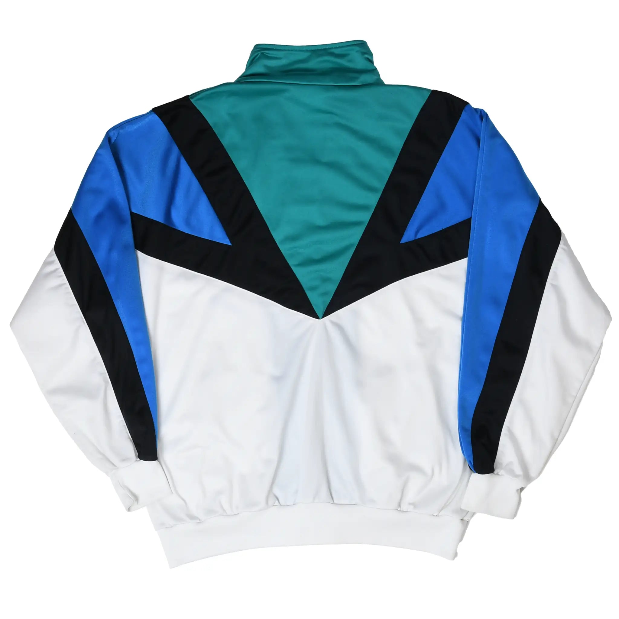 Back of Adidas track jacket with teal, blue, black and white geometric color blocking