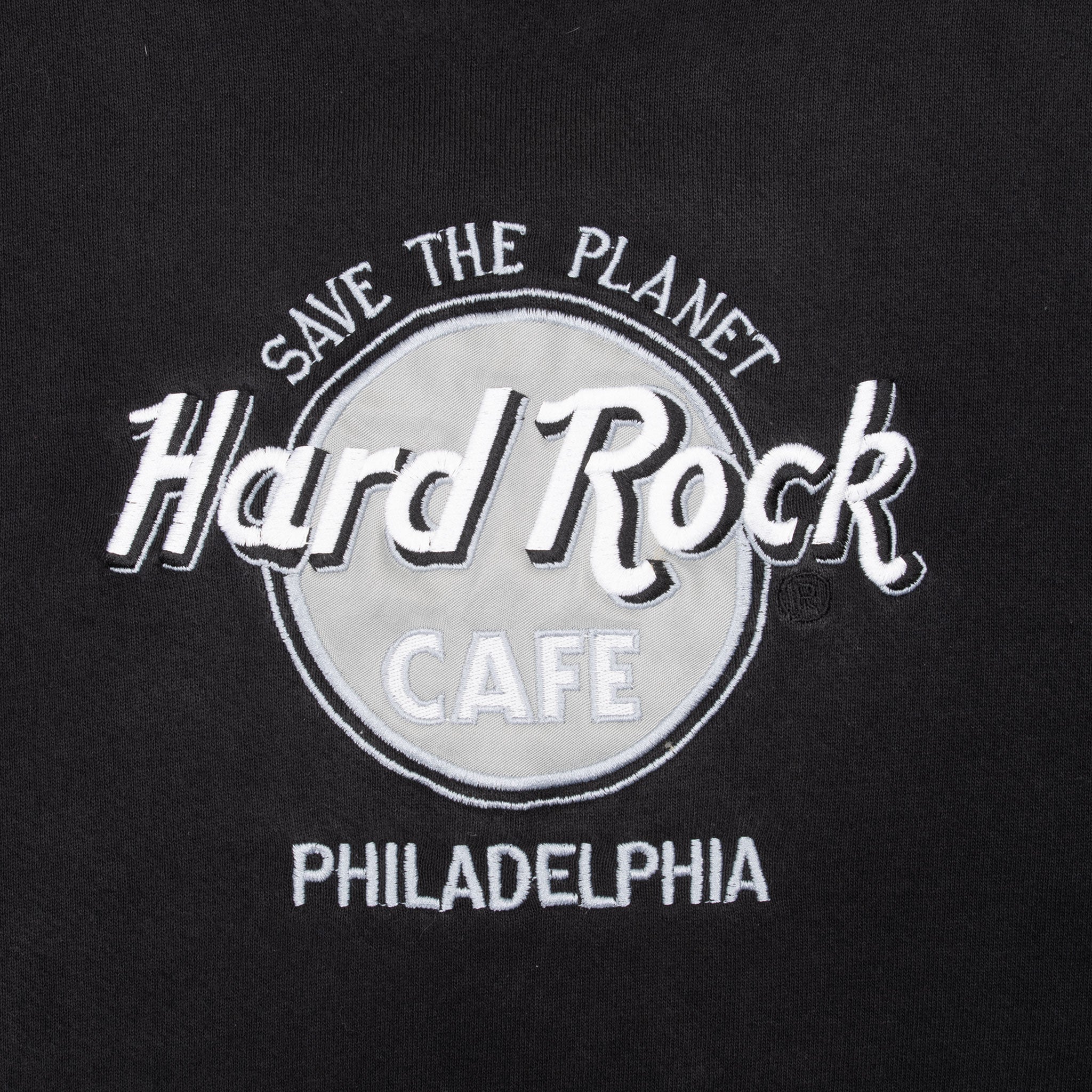 VINTAGE HARD ROCK CAFE PHILADELPHIA EMBROIDERED BLACK SWEATSHIRT 1990S XL MADE USA