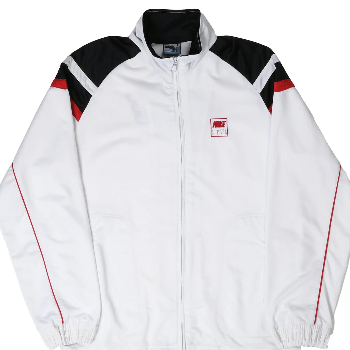 Front of white Nike track jacket with black shoulder panels, red accents, and chest logo