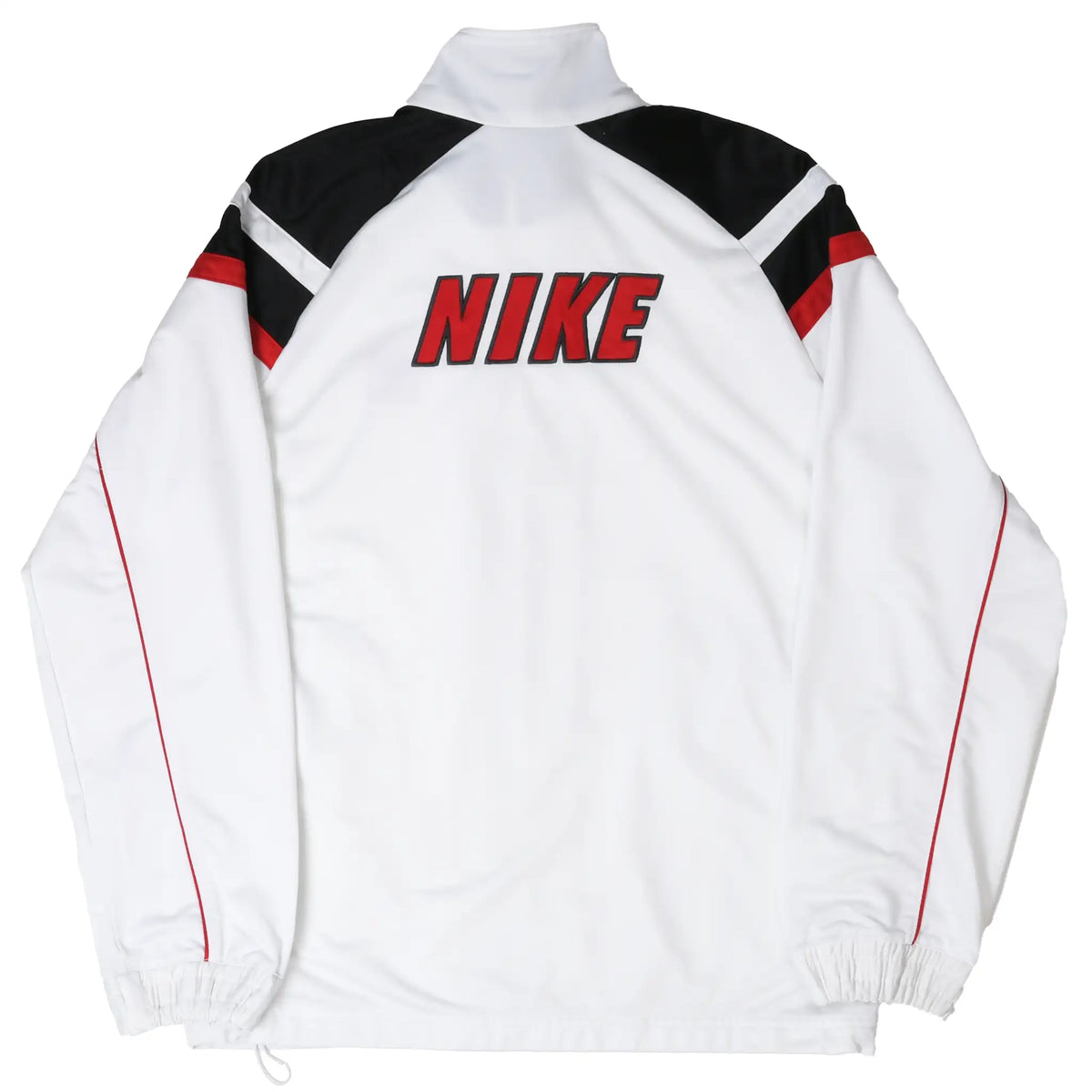 Back of white Nike track jacket with large red Nike lettering and black shoulder panels