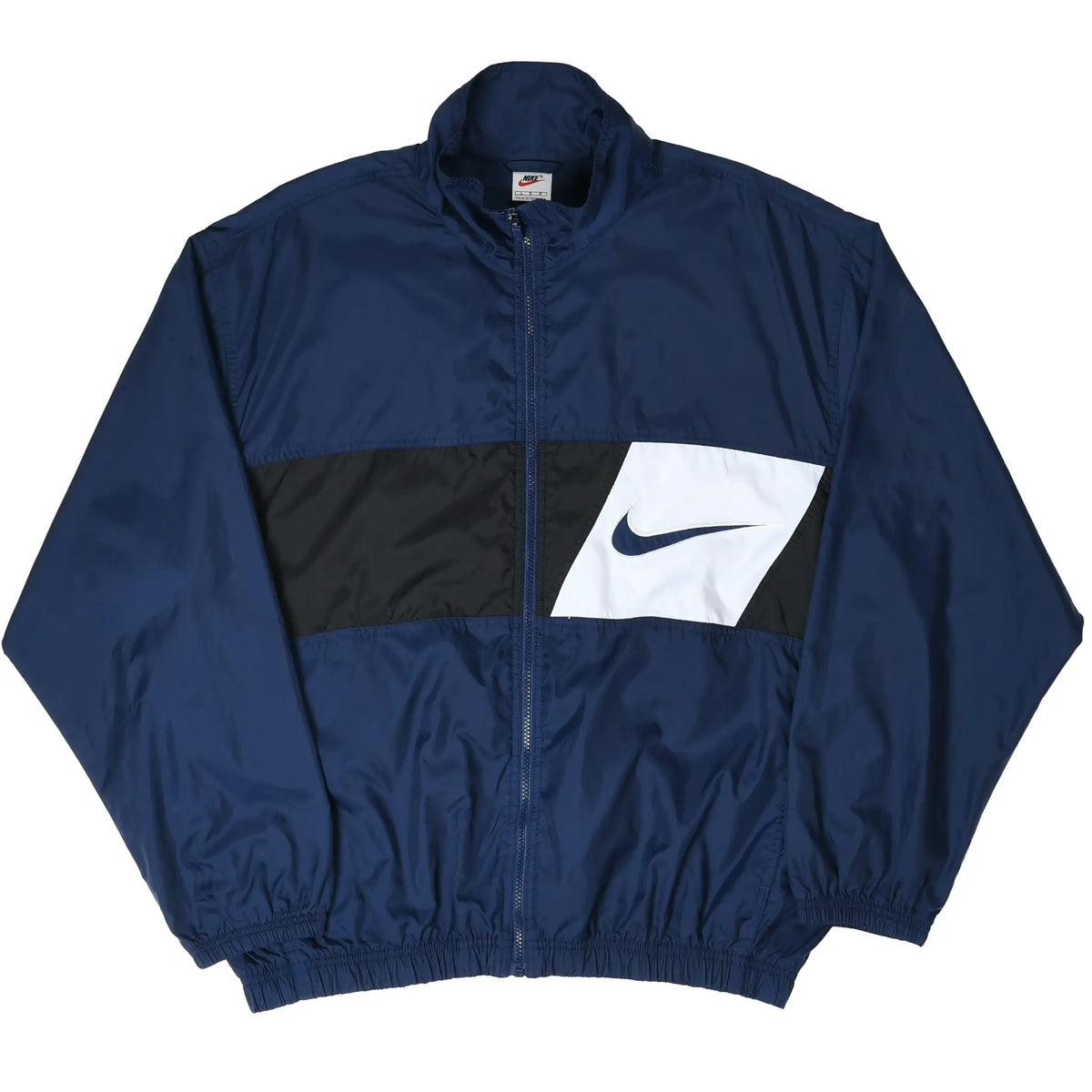 Full front view of navy Nike zip-up windbreaker with color-blocked Swoosh chest