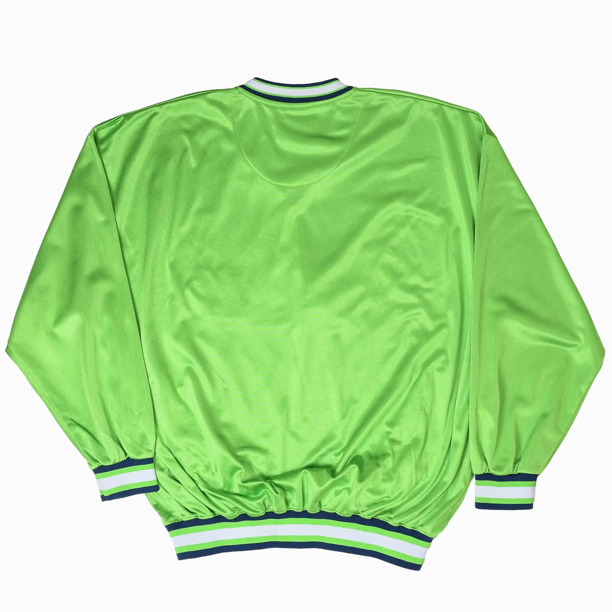 Back of green New York Yankees Starter long-sleeve jersey with navy and white striped trim