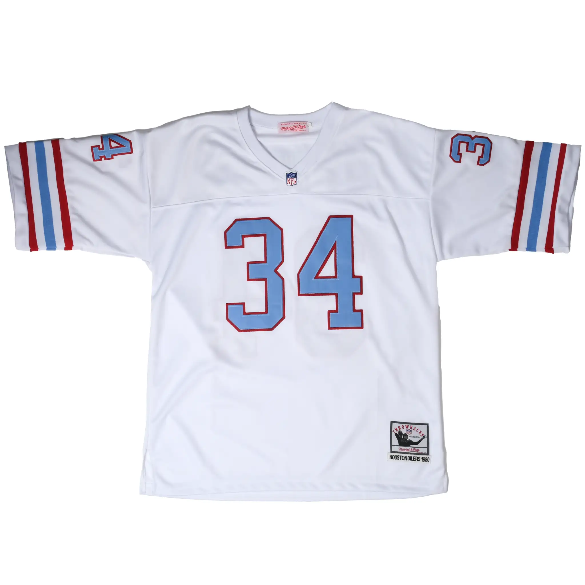 Front of white Houston Oilers Earl Campbell jersey with number 34 and striped sleeves