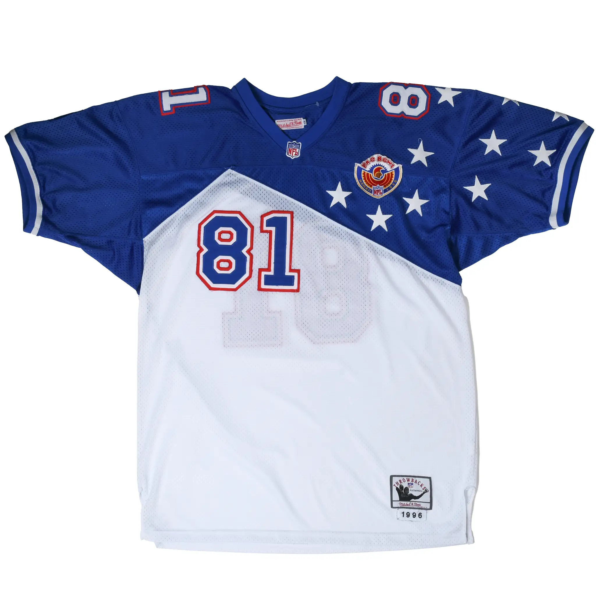 Full front of blue and white Carter #81 Pro Bowl jersey with stars and embroidered crest