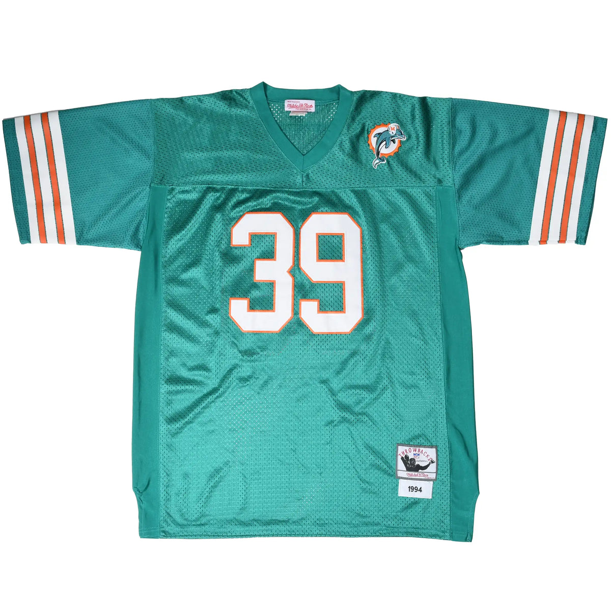 Front of aqua Miami Dolphins number 39 jersey with team logo and striped sleeves