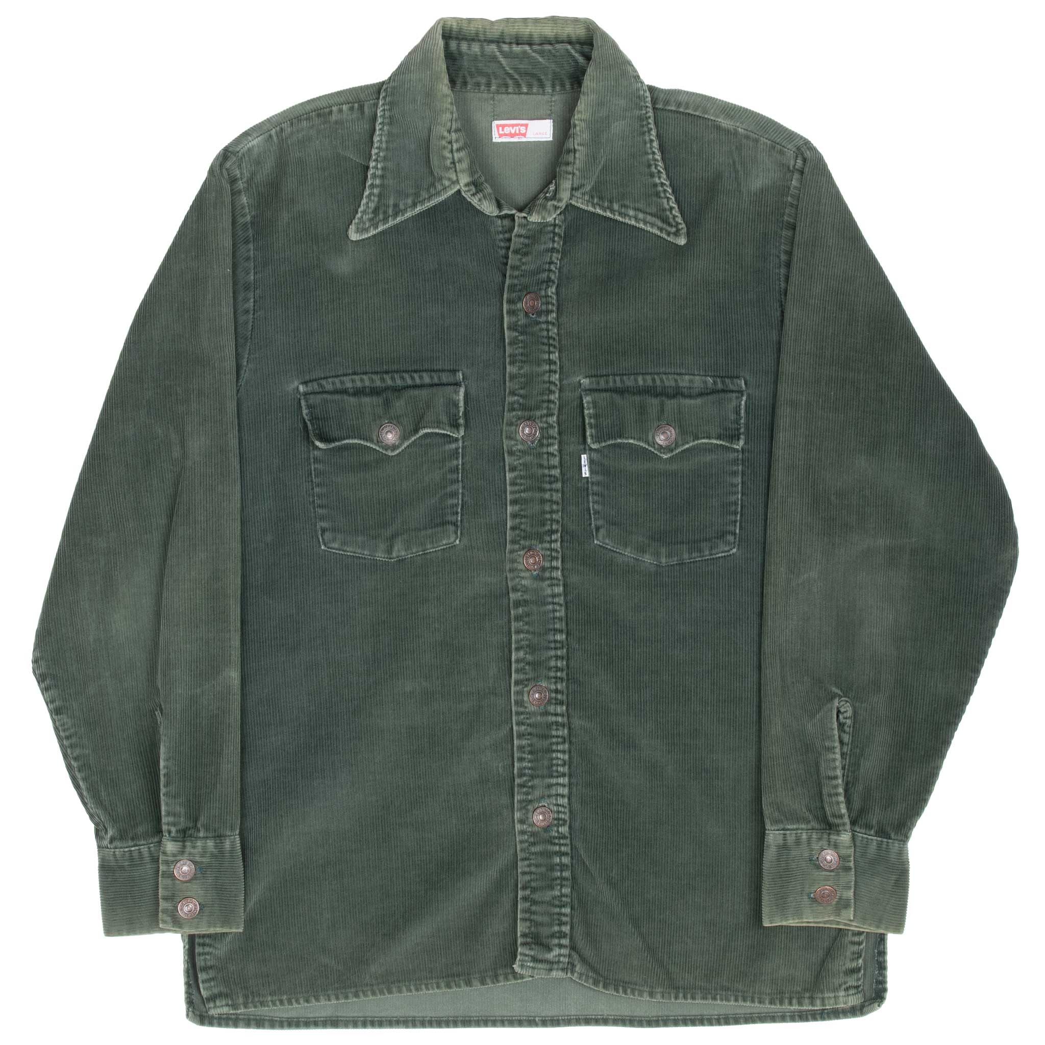 Vintage Levis Green Corduroy Pocket Shirt Big E Size Large 1970S Made In Usa