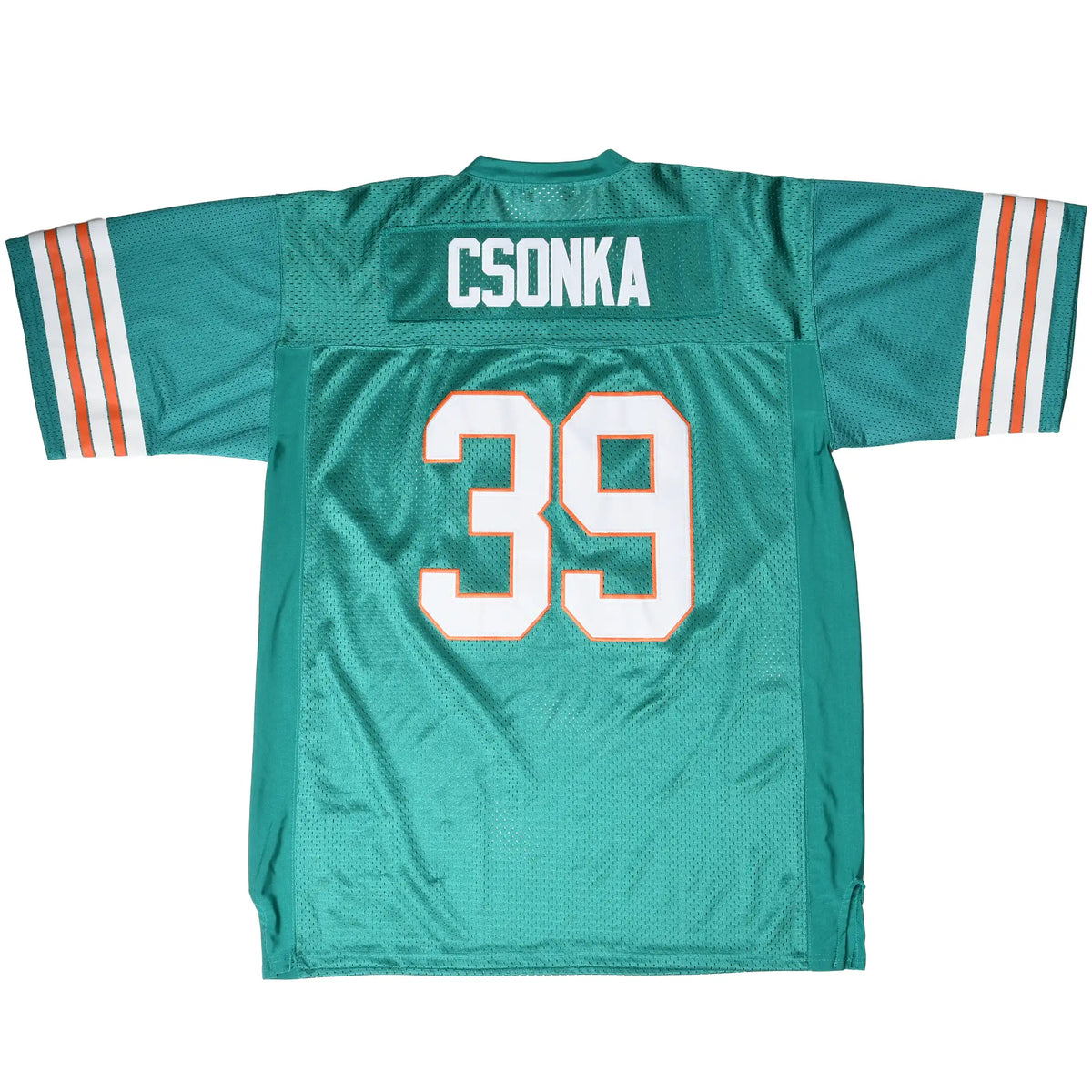 Back of aqua Miami Dolphins jersey with Csonka name, white number 39, and striped sleeves