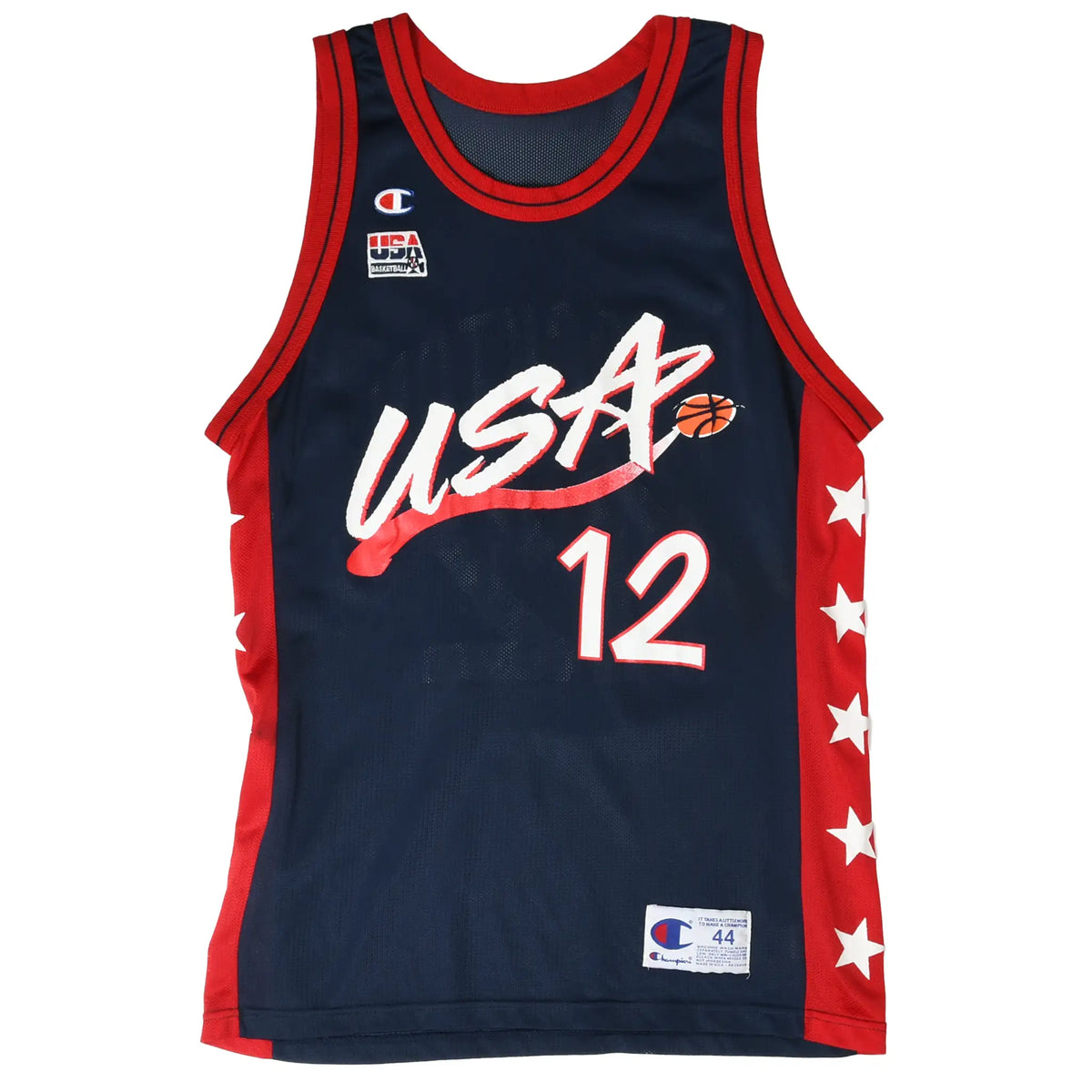 Front view of navy Champion Team USA jersey with USA basketball graphic and number 12