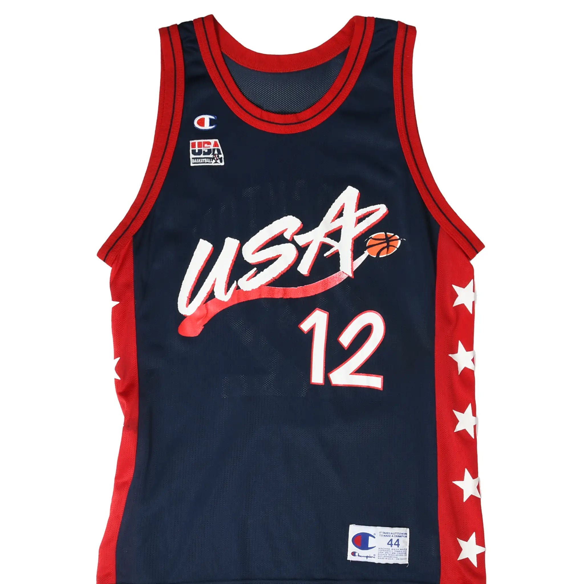 Front of navy Champion Team USA basketball jersey with USA graphic, number 12, and red star side panels
