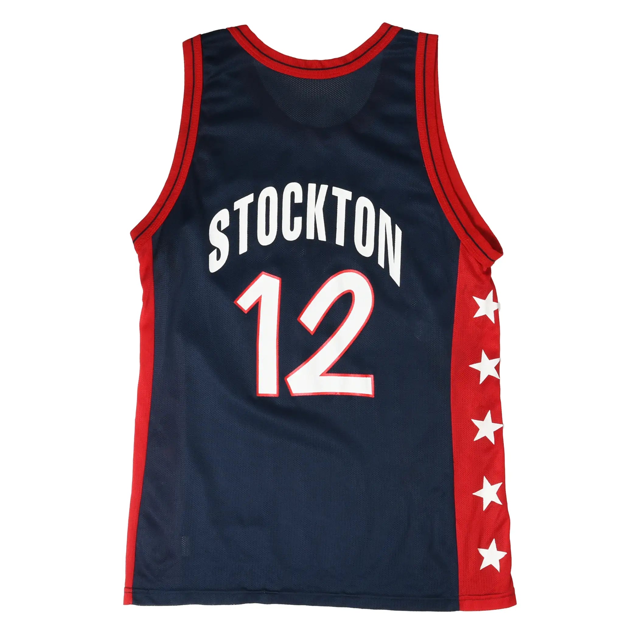 Back of navy Team USA basketball jersey with Stockton name, number 12, and red star side panels