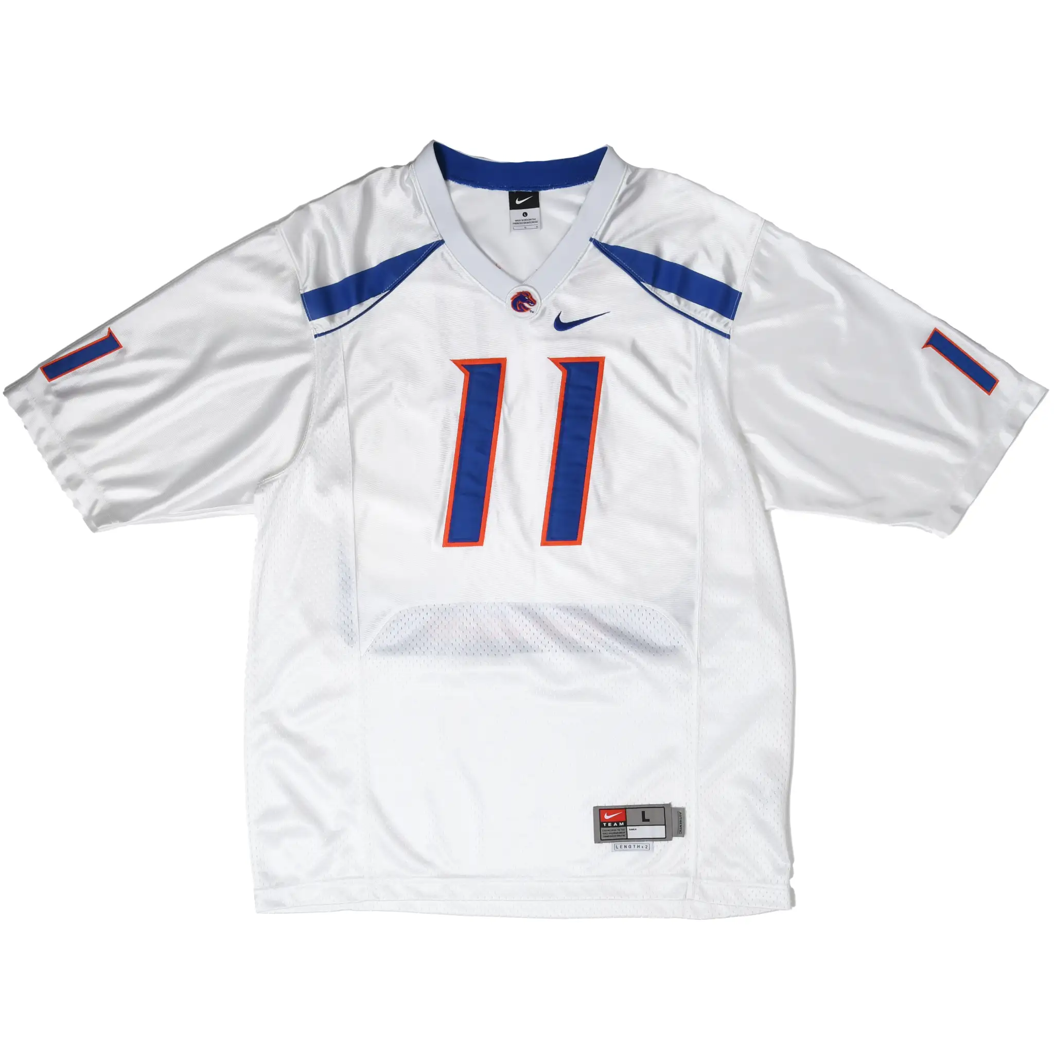 Full front of white Nike Boise State Broncos football jersey with number 11 and short sleeves