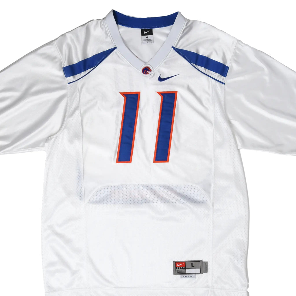 Front of white Nike Boise State Broncos football jersey with blue and orange number 11
