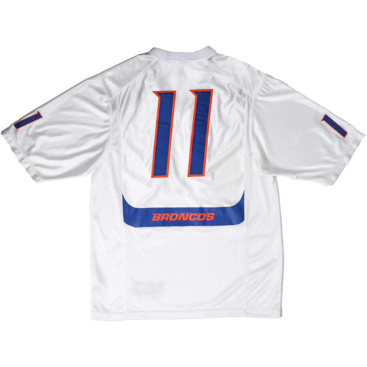 Back of white Boise State Broncos football jersey with blue and orange number 11