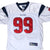 Front of white Houston Texans Reebok jersey with red number 99 and navy shoulder panels