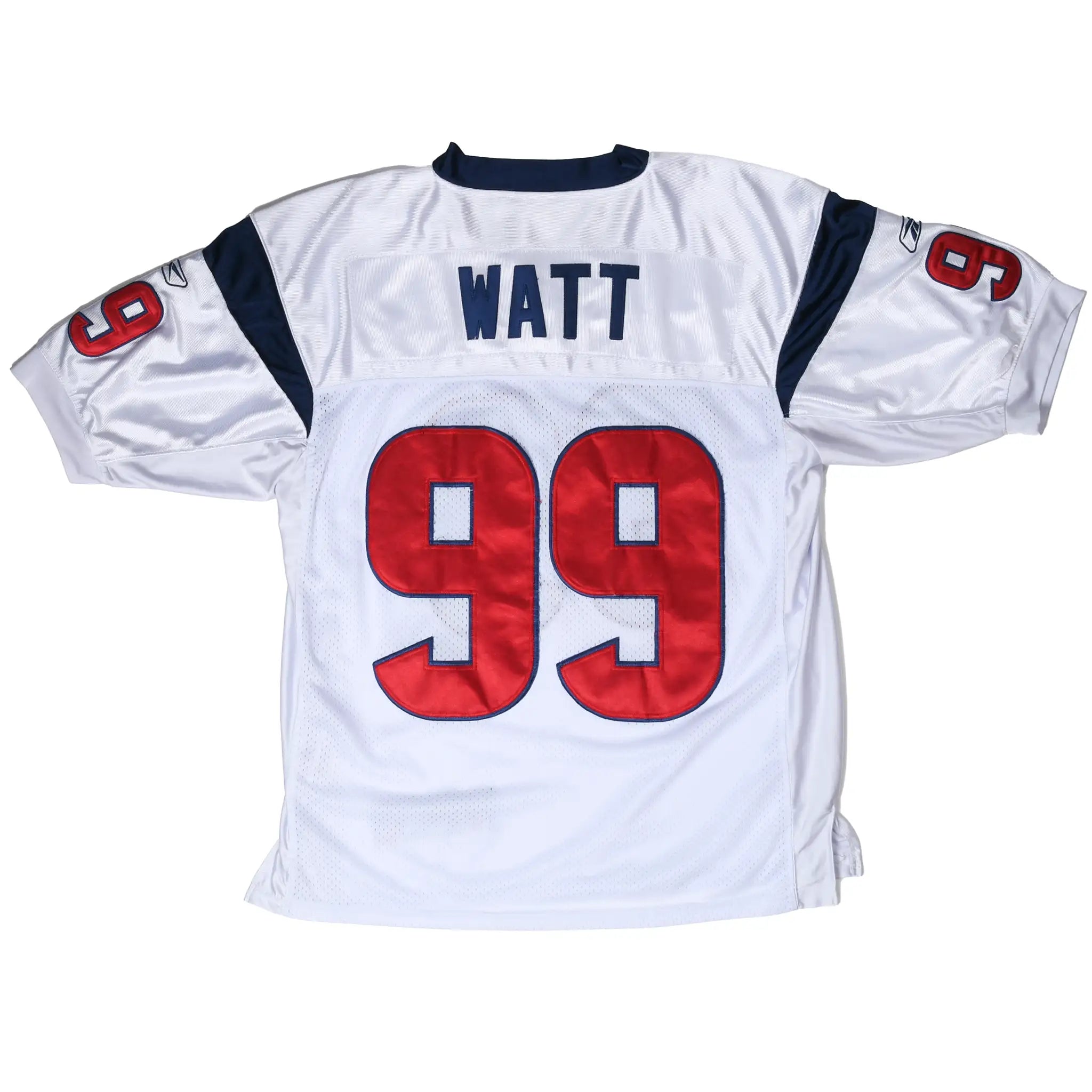 Back of white Houston Texans jersey with Watt name and red number 99