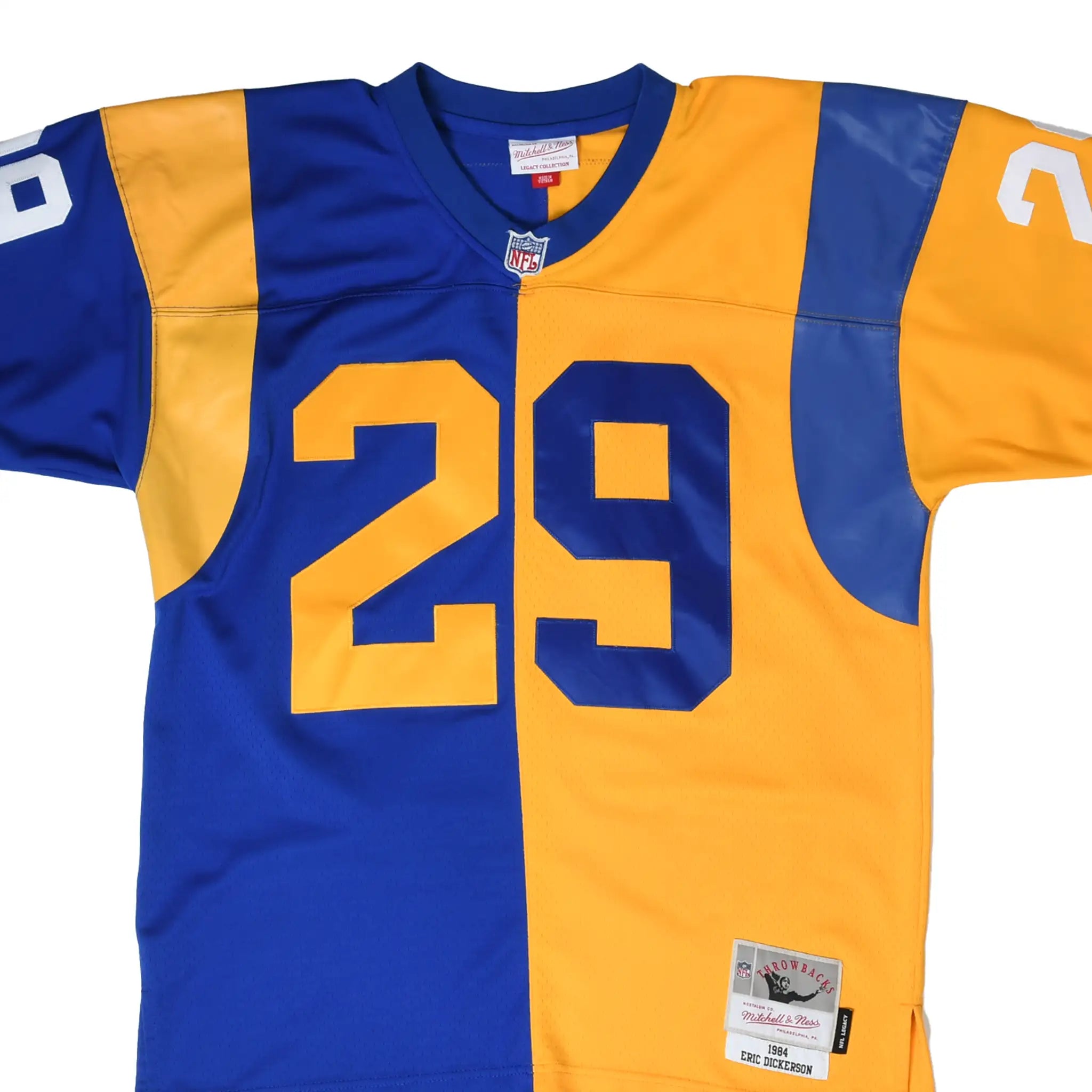 Front detail of blue and gold Los Angeles Rams Eric Dickerson #29 jersey