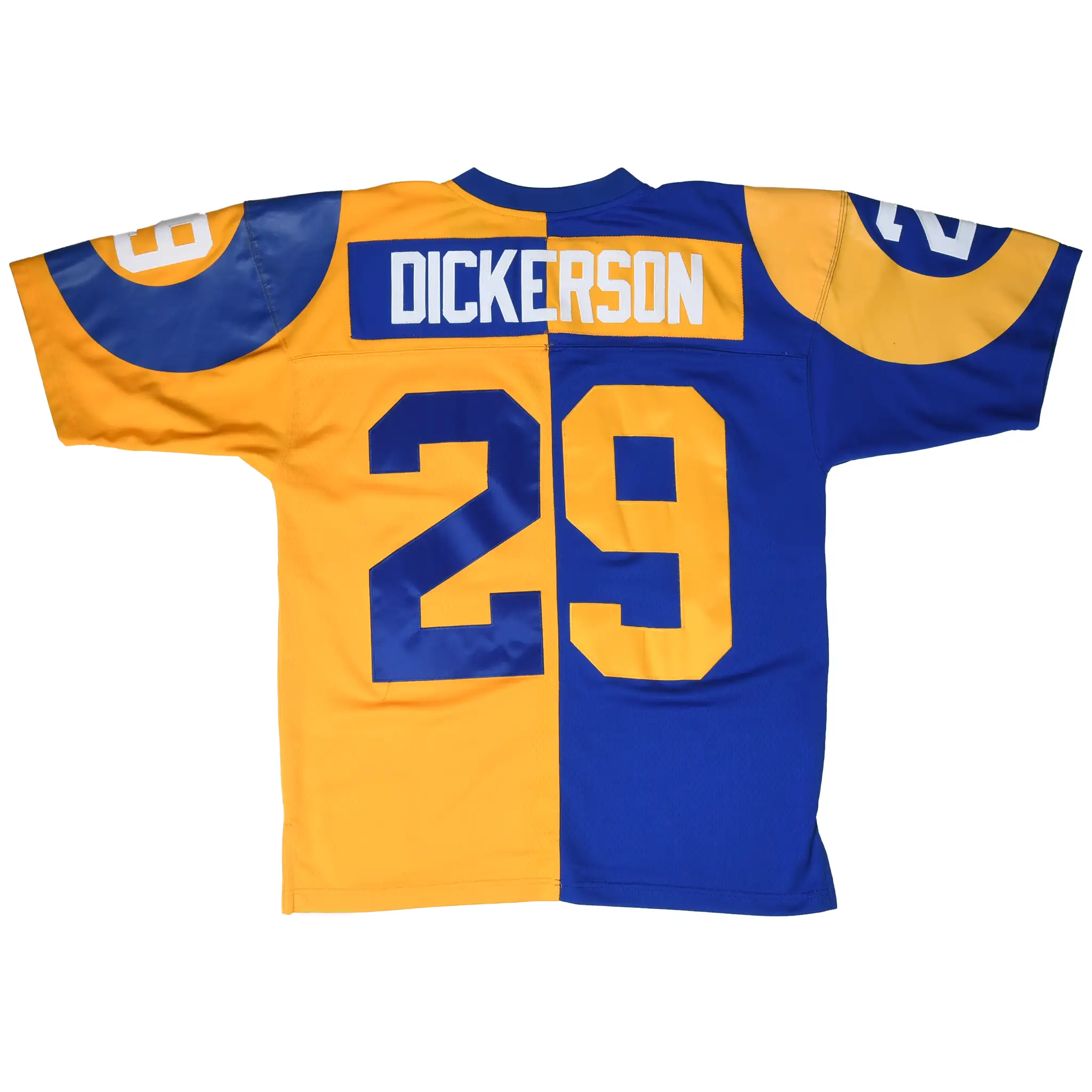 Back of blue and gold Los Angeles Rams jersey with Dickerson name and number 29