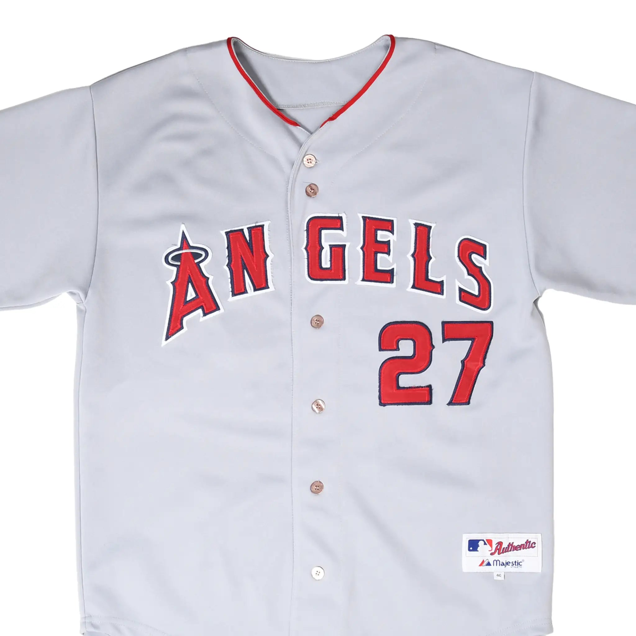 Front detail of gray Los Angeles Angels button-front jersey with red number 27