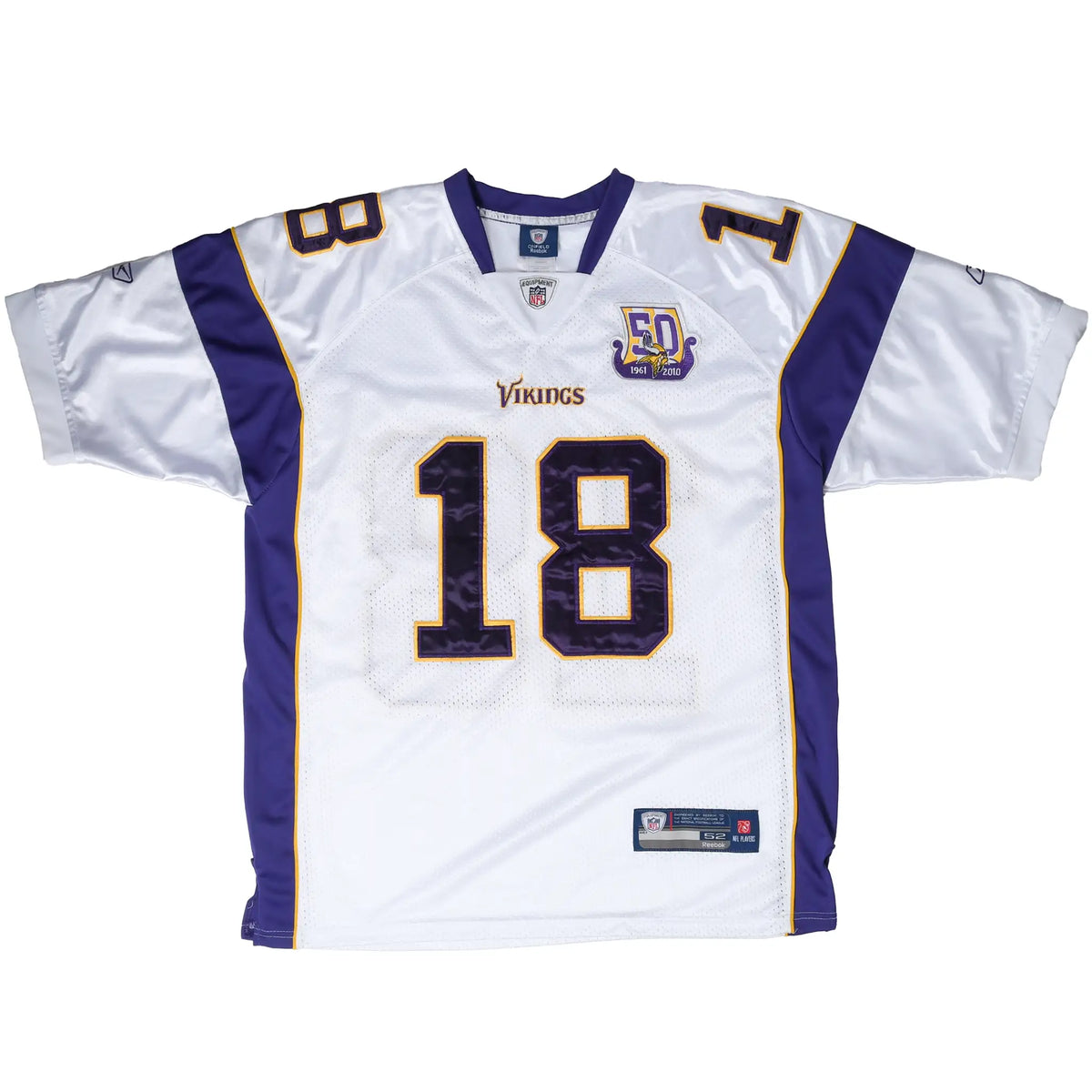 Full front of white Reebok Minnesota Vikings #18 jersey with purple panels and anniversary patch