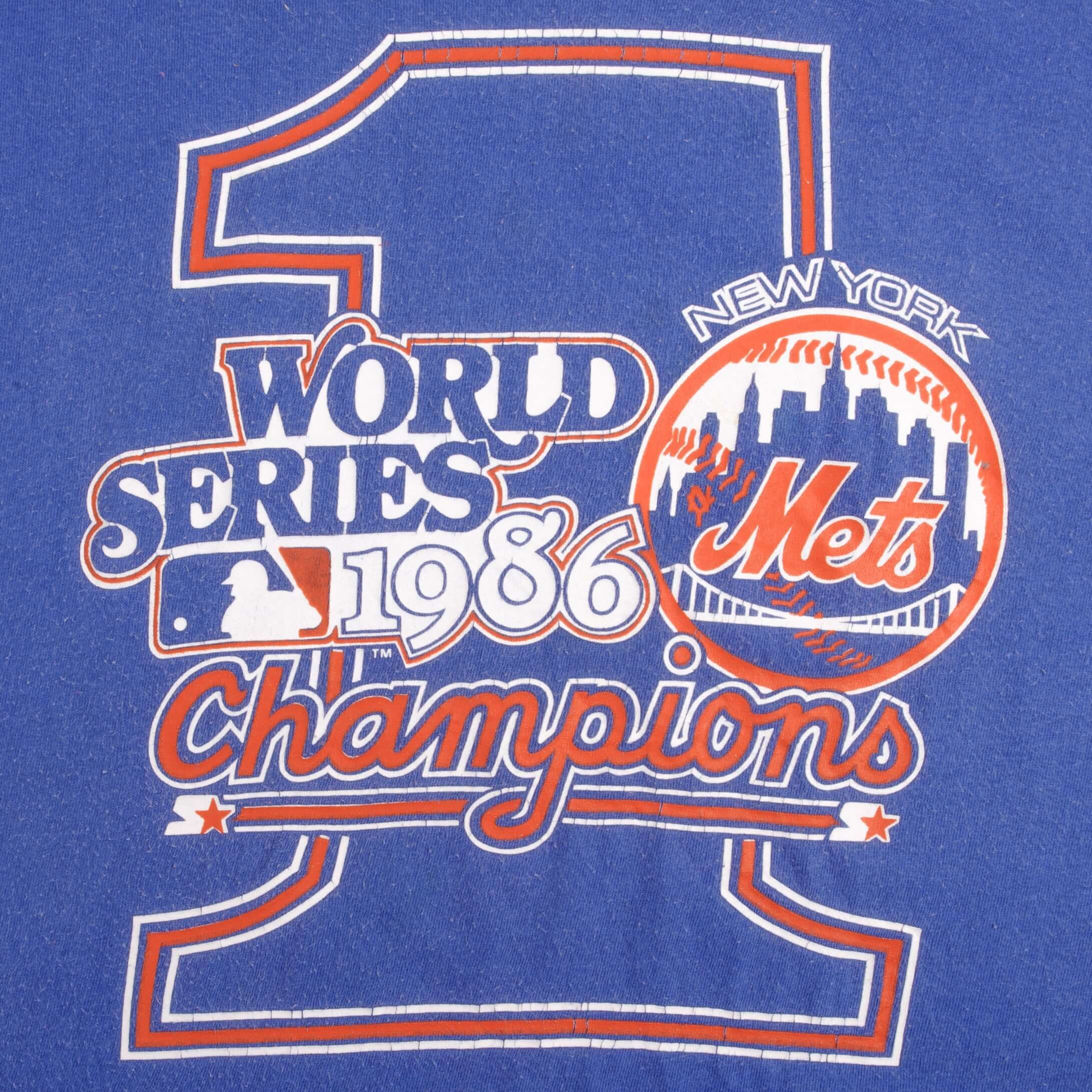 Vintage Blue MLB New York Mets World Series Champions 1986 Tee Shirt Size Large Made In USA With Single Stitch