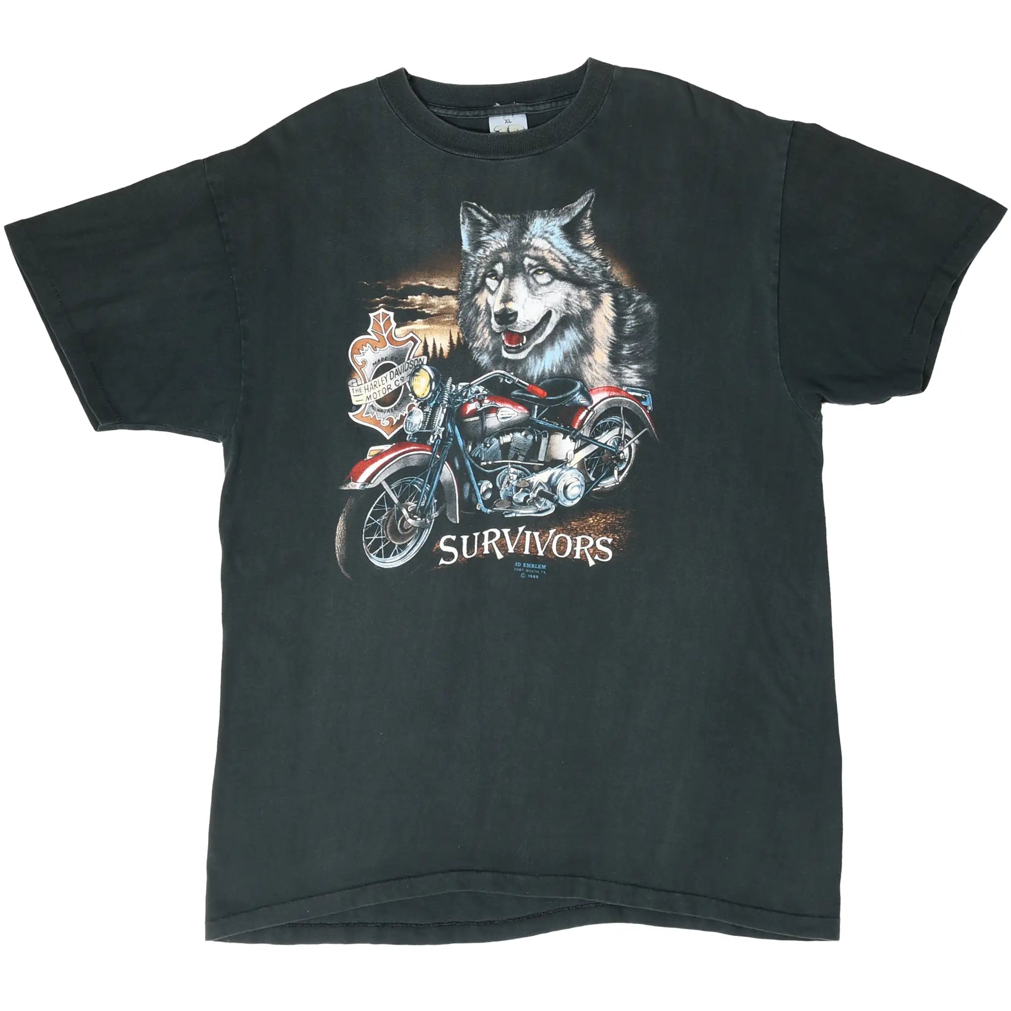 Full front view of black Harley-Davidson T-shirt with wolf and red motorcycle graphic