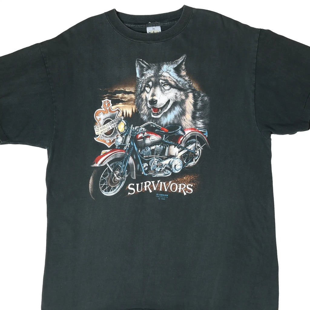 Front of black Harley-Davidson T-shirt with wolf, motorcycle, and Survivors graphic