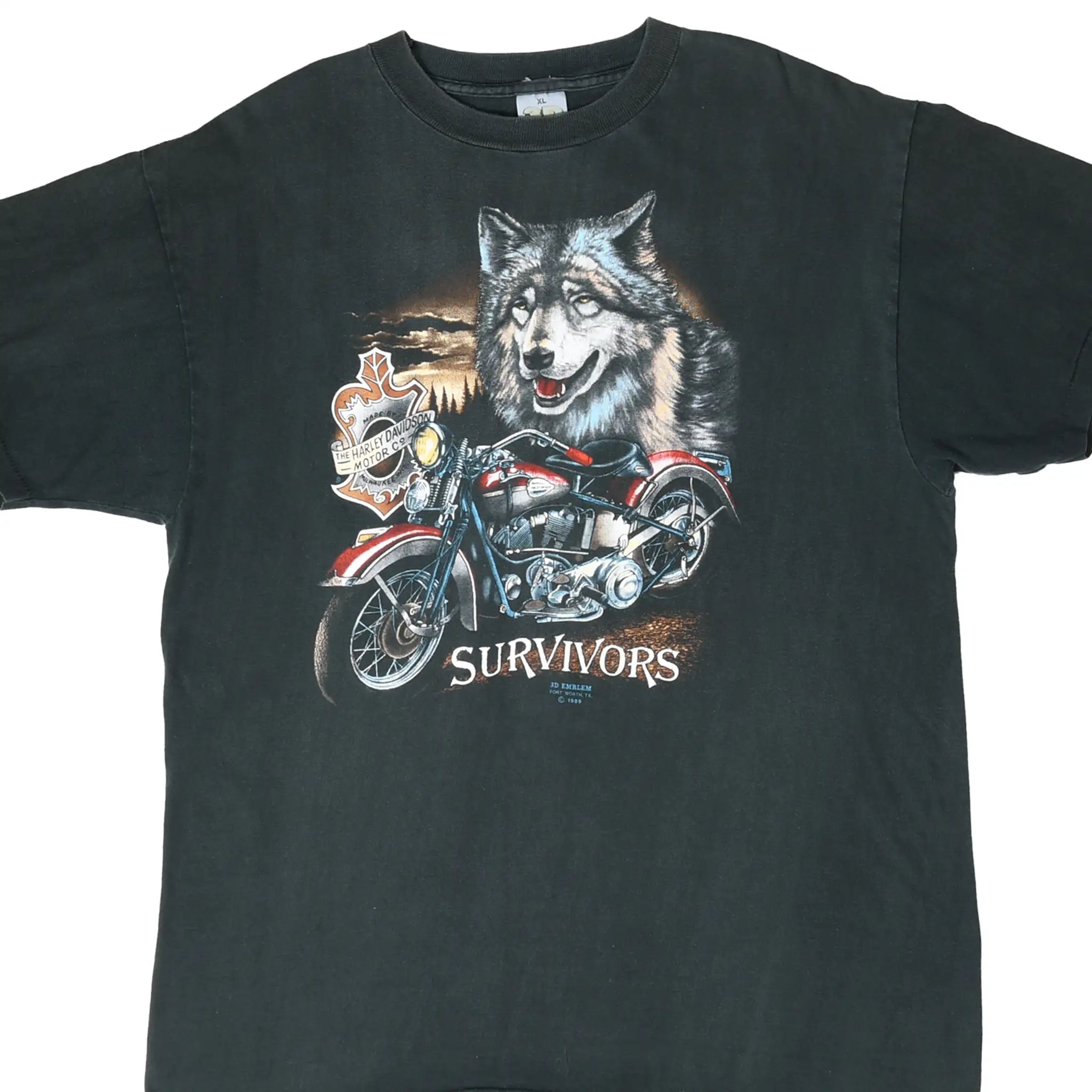 Front of black Harley-Davidson T-shirt with wolf, motorcycle, and Survivors graphic