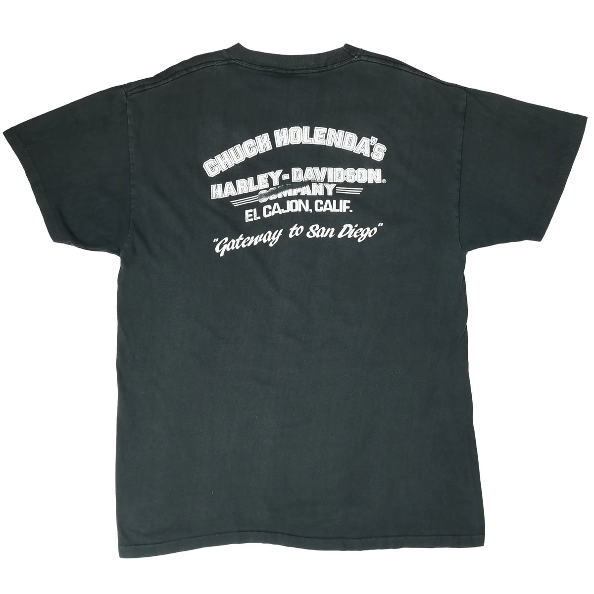 Back of black T-shirt with Chuck Holenda's Harley-Davidson El Cajon, California print