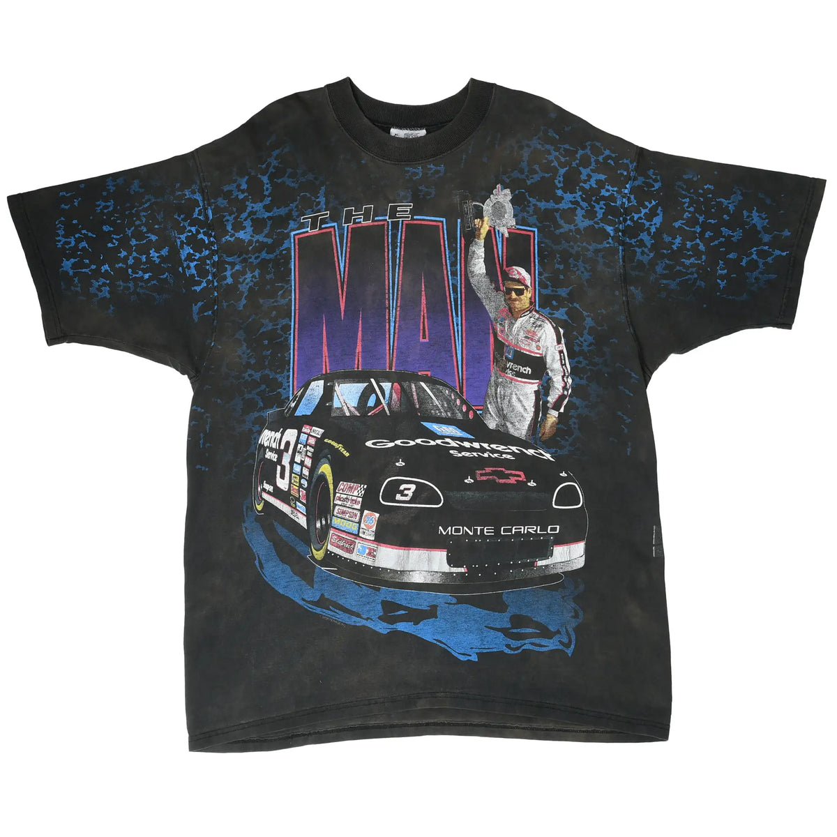 Full front of black Dale Earnhardt NASCAR tee with driver and No. 3 Monte Carlo print