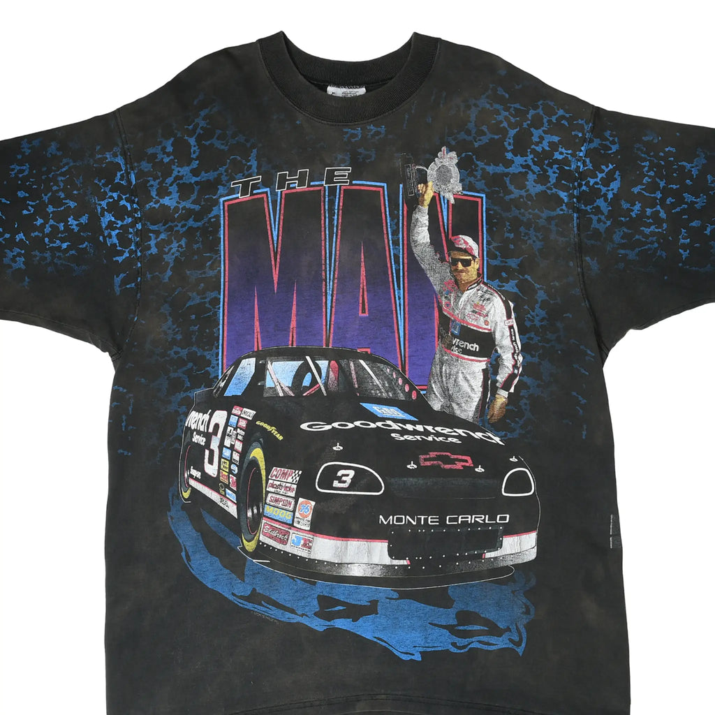 Front graphic of black Dale Earnhardt NASCAR tee with driver and black No. 3 Monte Carlo