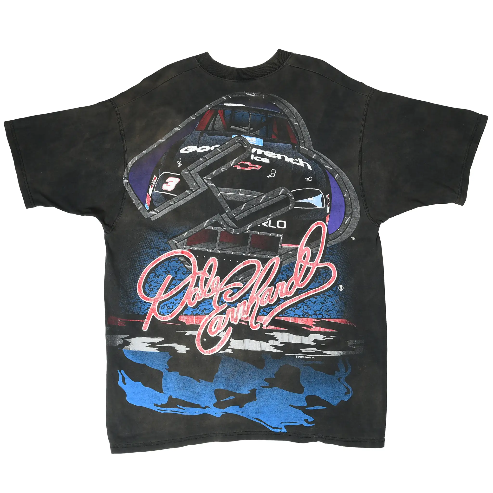 Back of black Dale Earnhardt NASCAR tee with No. 3 race car and large signature graphic