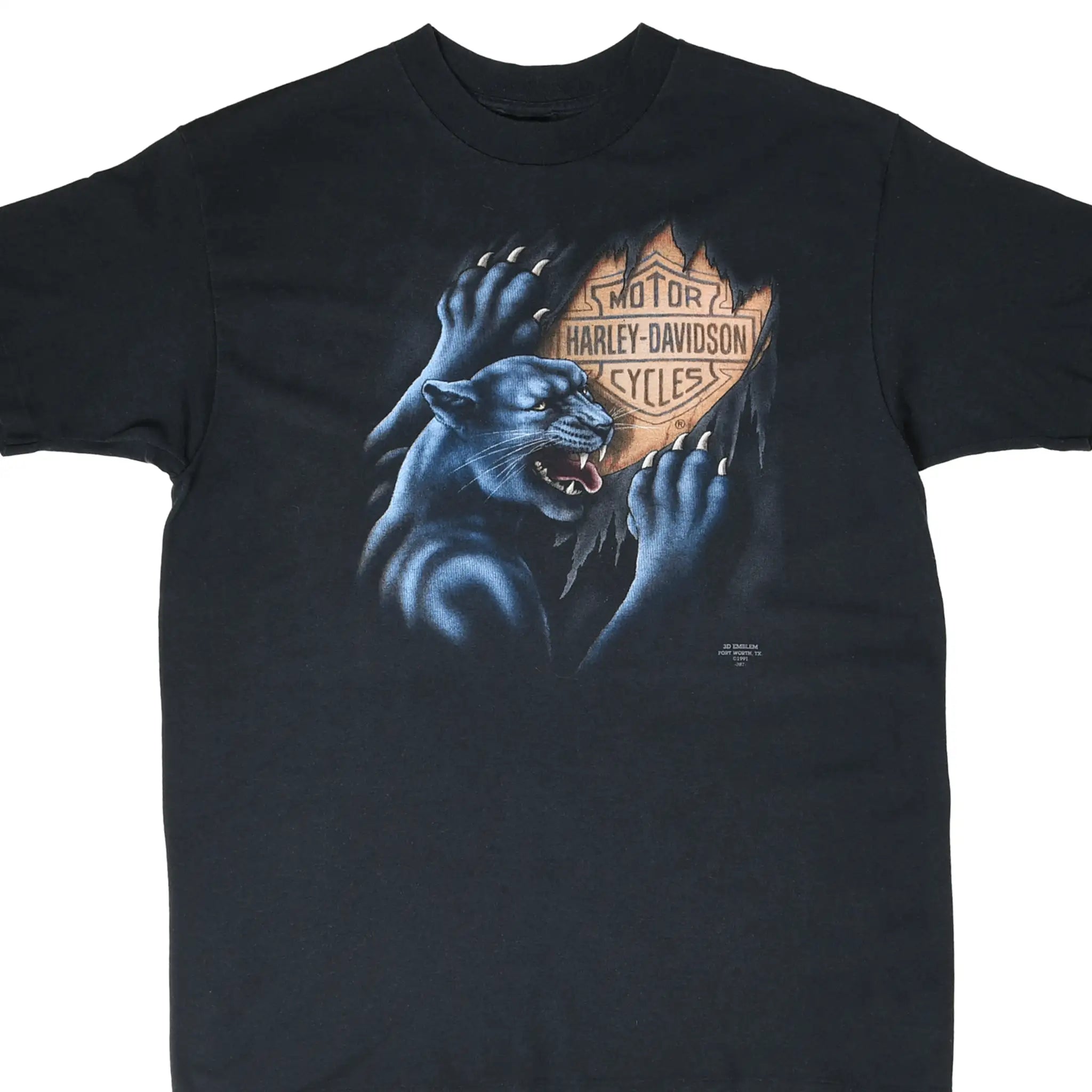 Front of black Harley-Davidson T-shirt with blue panther clawing through the shield logo