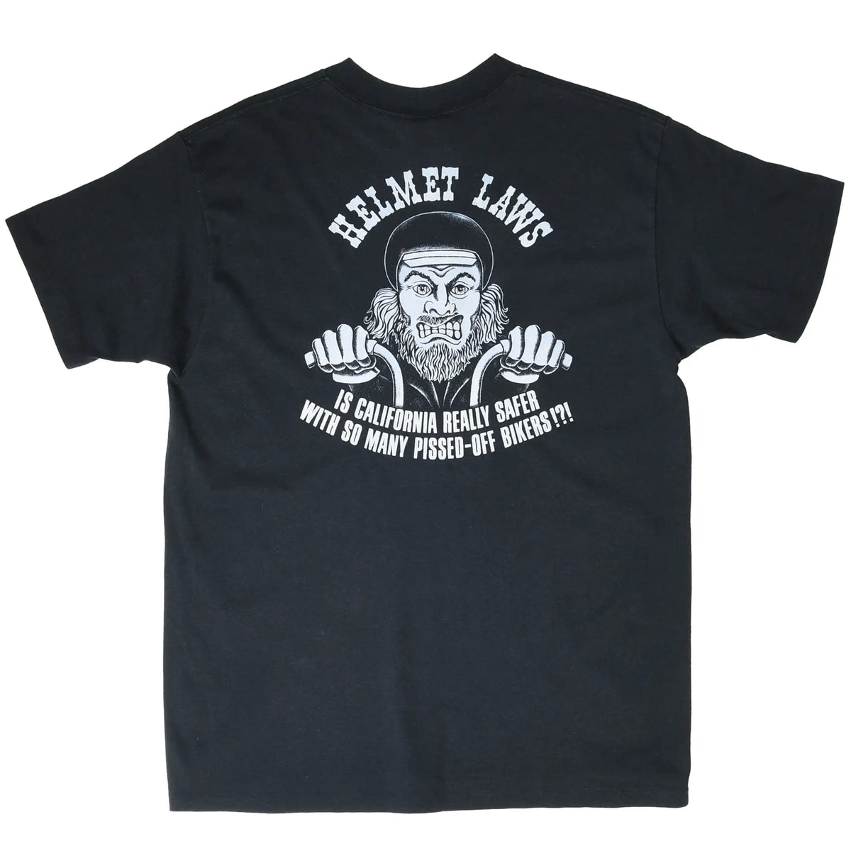 Back of black Harley-Davidson T-shirt with helmet laws biker graphic and California safety slogan