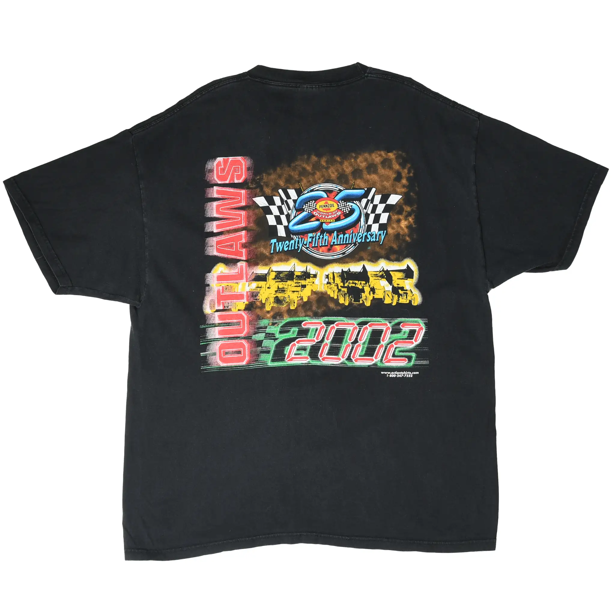 Back of black World of Outlaws T-shirt with 25th anniversary sprint car graphic and 2002 text