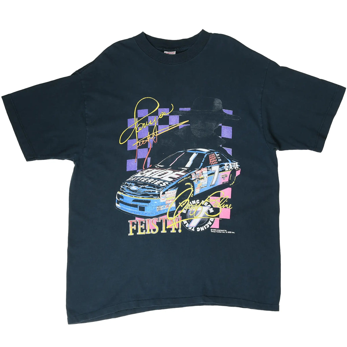 Full front of black Tanya Tucker's Salsa Racing NASCAR T-shirt with colorful race car print