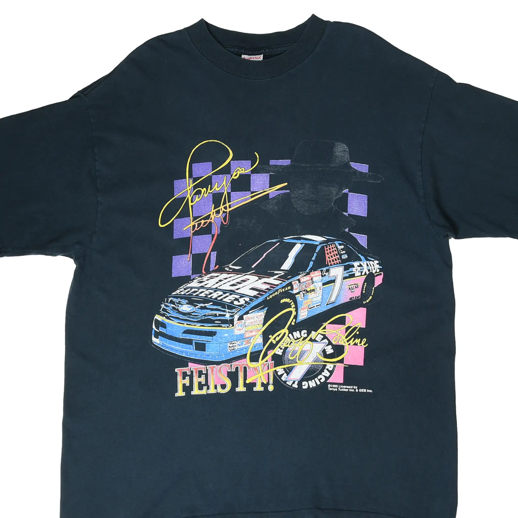Front close-up of black Tanya Tucker's Salsa Racing NASCAR T-shirt with race car graphic