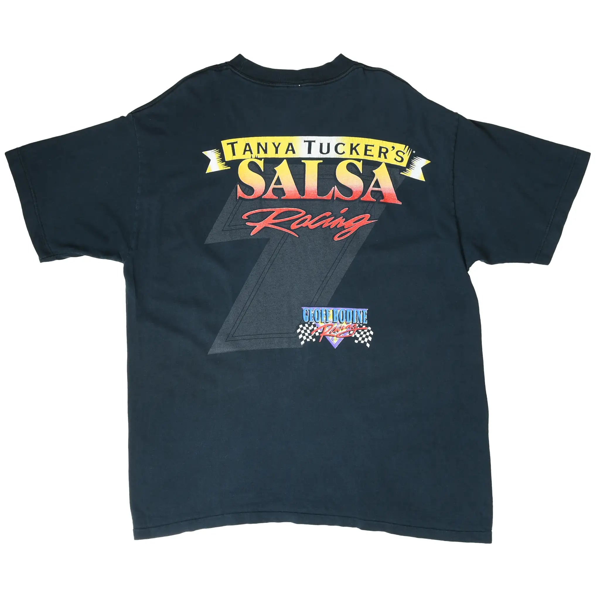 Back of black T-shirt with Tanya Tucker's Salsa Racing and George Boudine Racing graphics