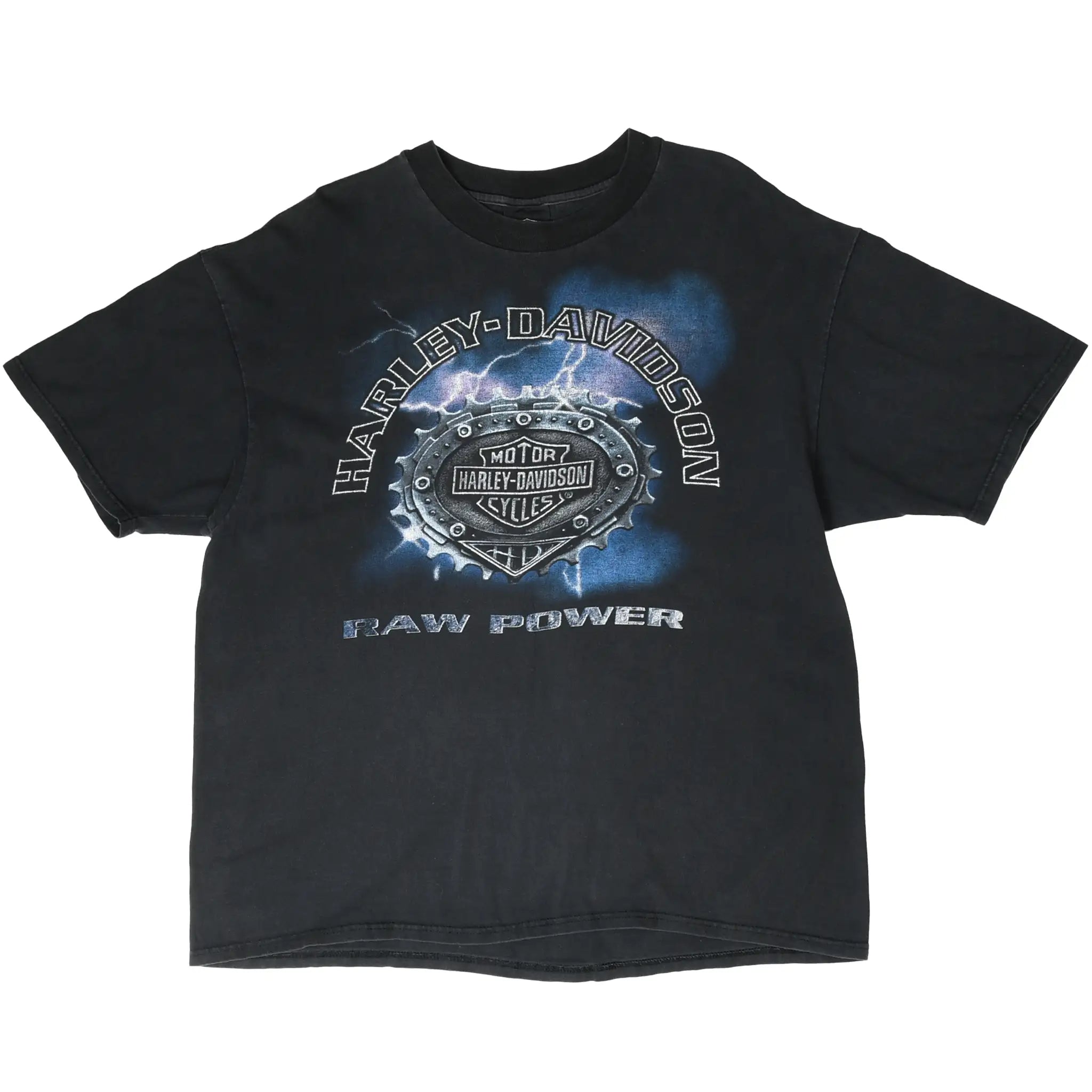 Full front view of black Harley-Davidson T-shirt with lightning emblem and Raw Power print