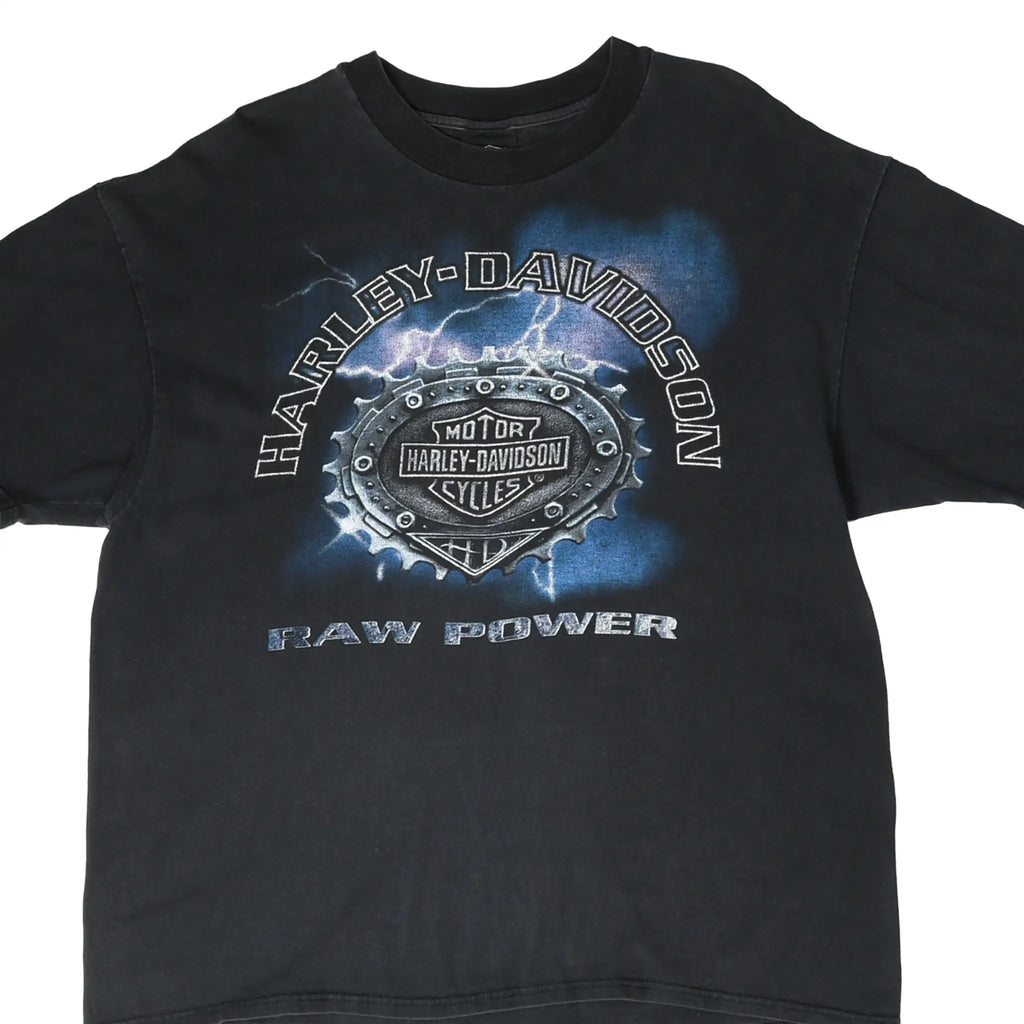 Front of black Harley-Davidson T-shirt with metallic emblem, lightning, and Raw Power graphic