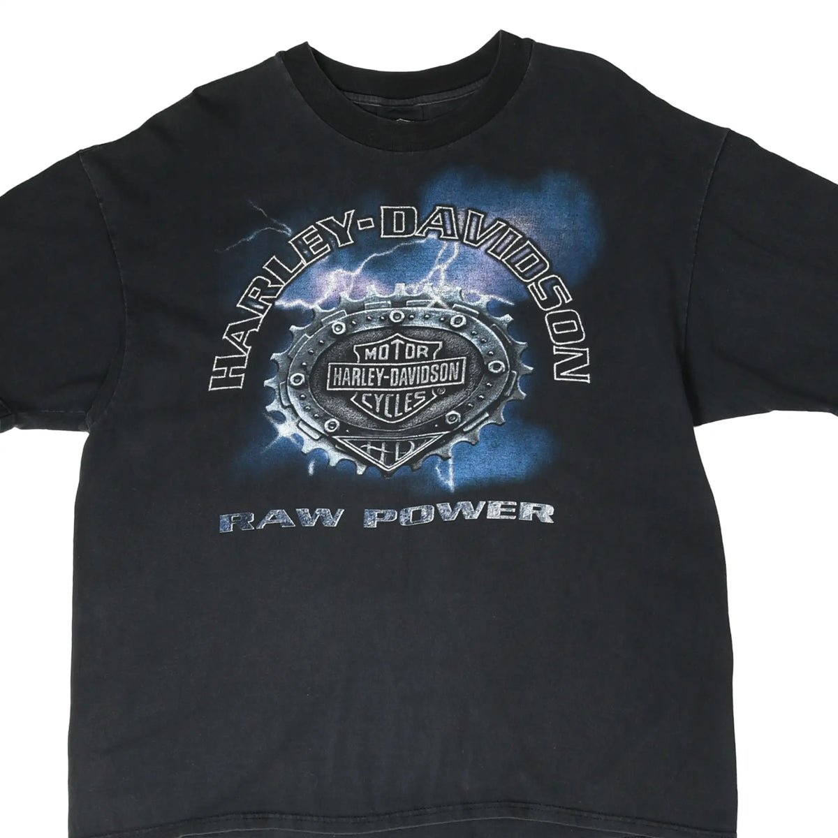 Front of black Harley-Davidson T-shirt with metallic emblem, lightning, and Raw Power graphic