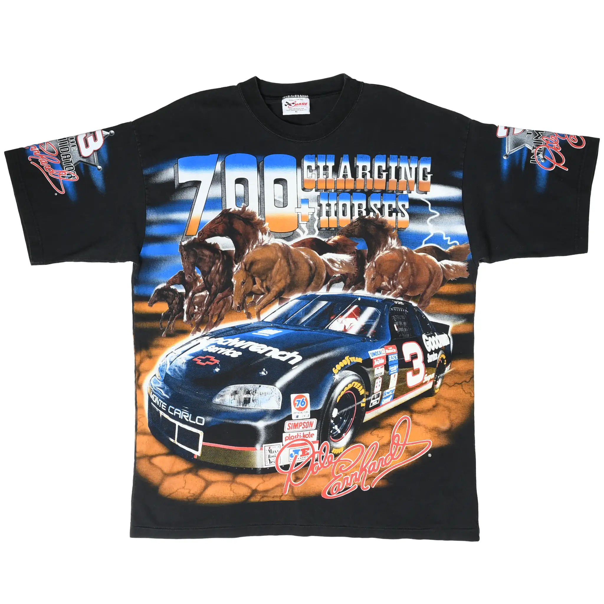 Full front view of black Dale Earnhardt tee with No. 3 Goodwrench car and charging horses graphic