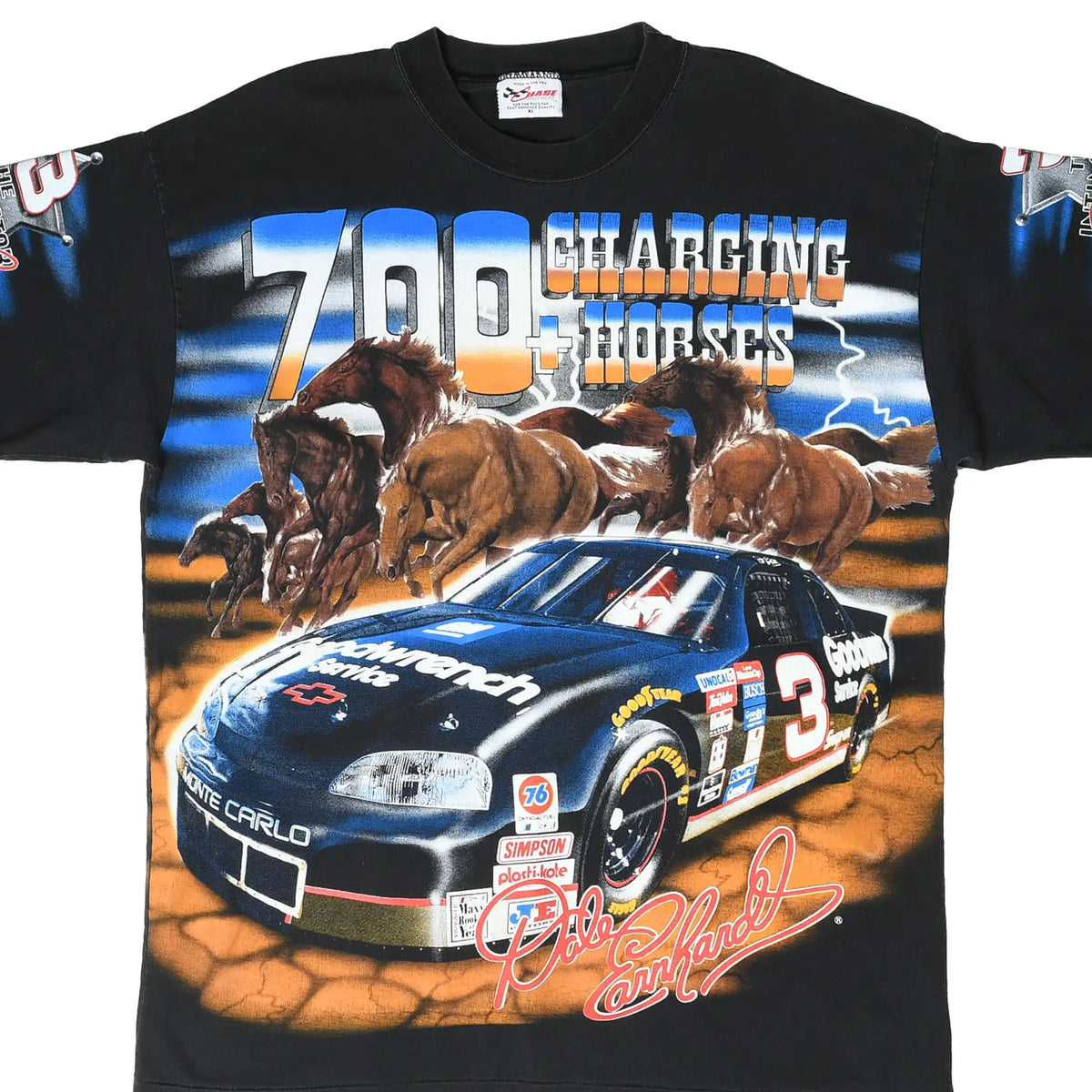 Front of black Dale Earnhardt NASCAR tee with No. 3 car, charging horses, and all-over print