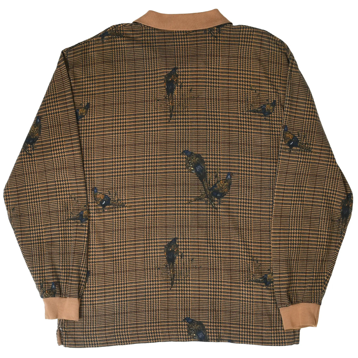 Back of brown plaid Nautica long-sleeve polo shirt with pheasant print and tan trim