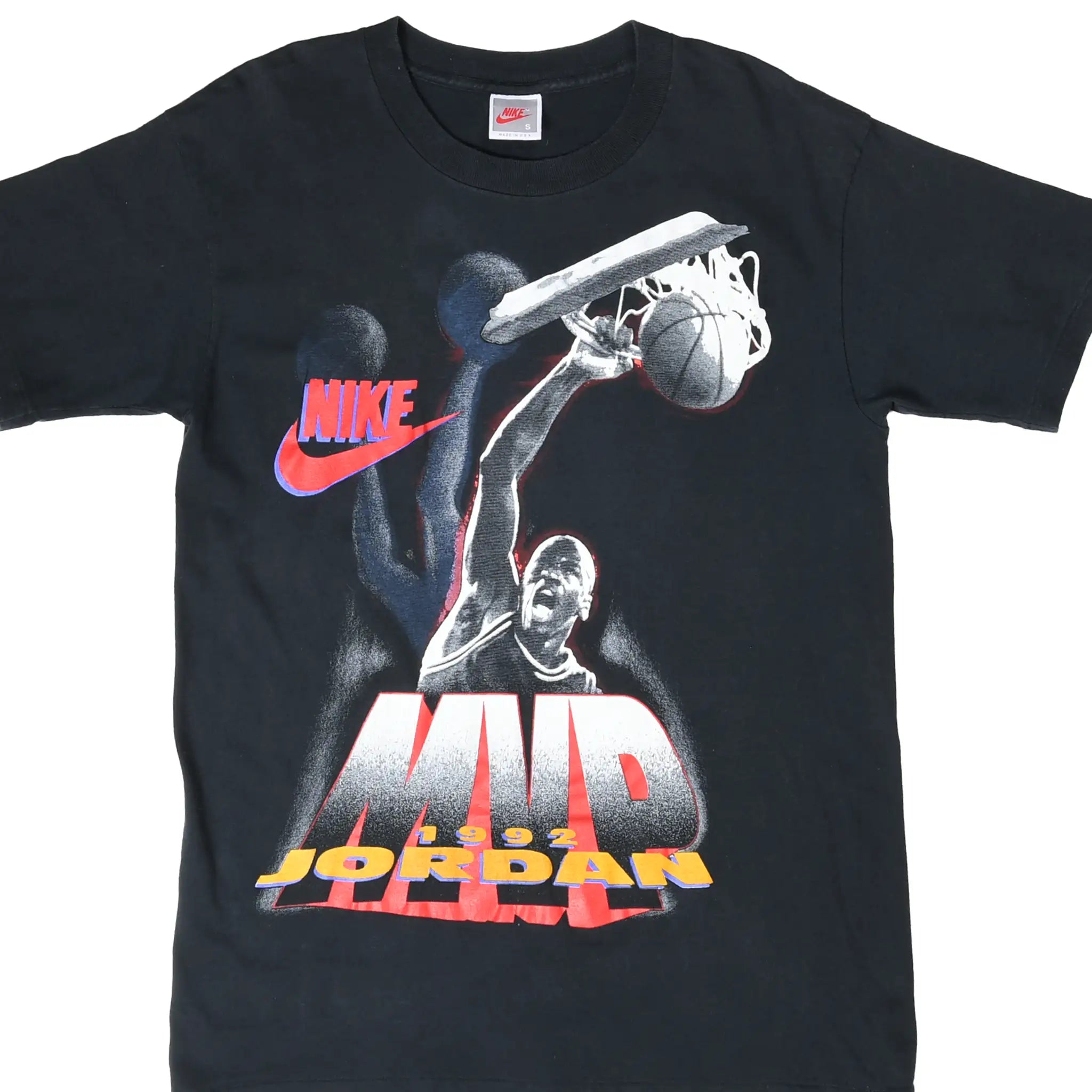 Front of black Nike Air Jordan T-shirt with Michael Jordan dunking and MVP 1992 graphic