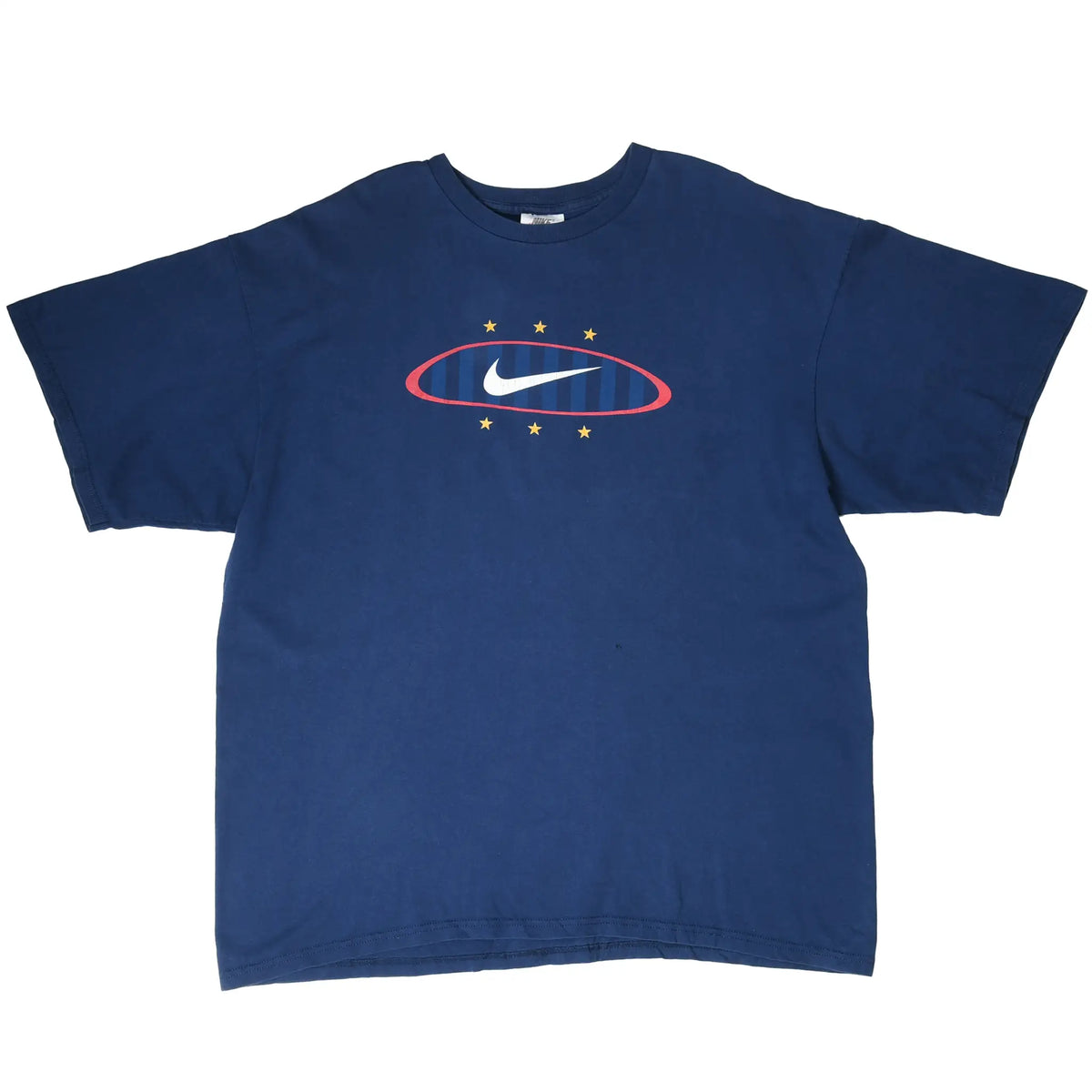 Full front view of blue Nike T-shirt with centered Swoosh, oval, stripes, and stars