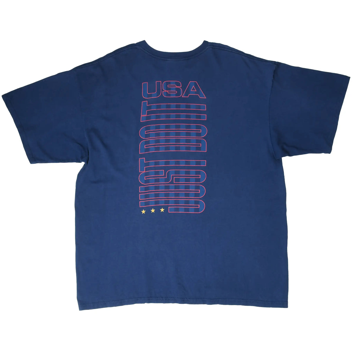 Back of blue Nike T-shirt with vertical outlined USA graphic and three yellow stars