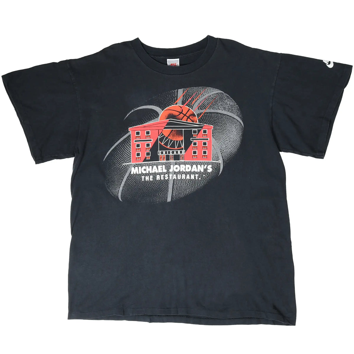 Full front of black Nike T-shirt with Michael Jordan's The Restaurant Chicago graphic