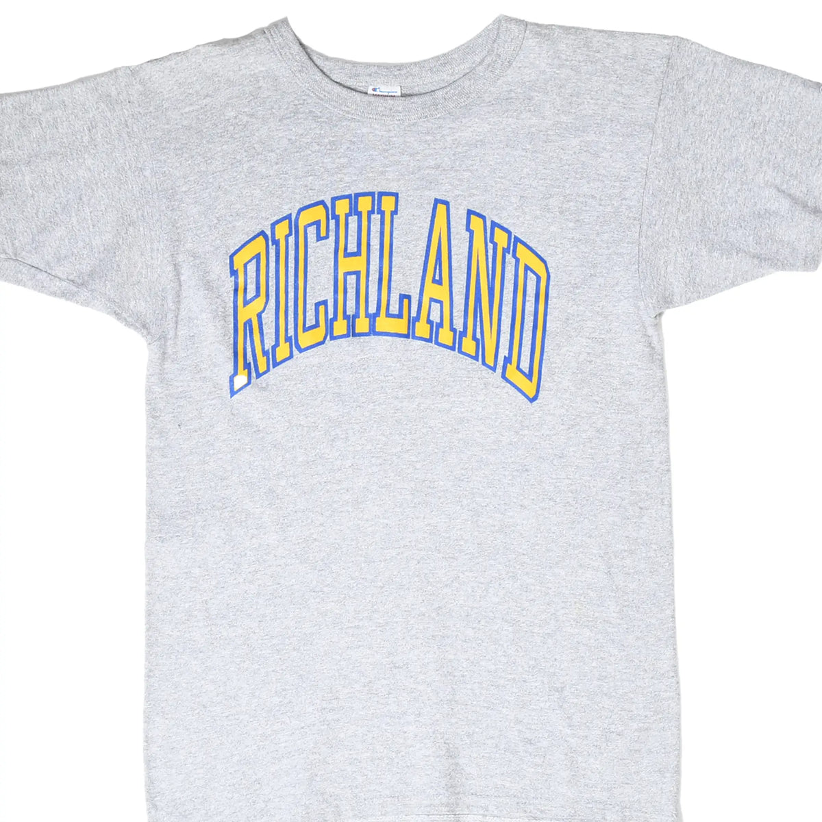 Front of gray Champion T-shirt with arched Richland lettering in blue and gold